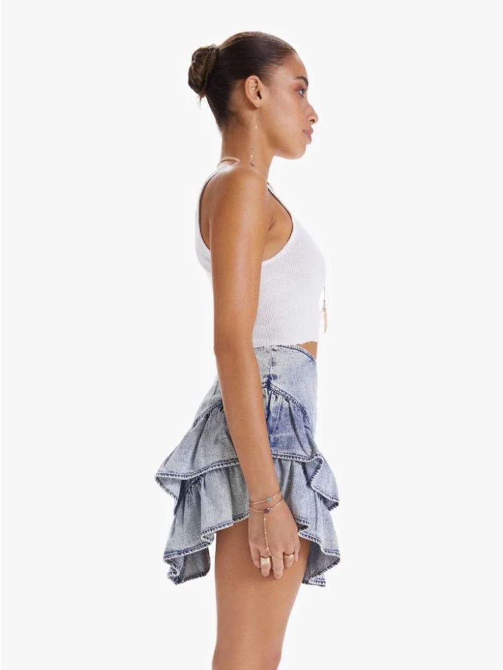 MOTHER The Ruffle Threading Needle Blue Tiered Ruffle Denim Mini Skirt 26 - Picture 3 of 12